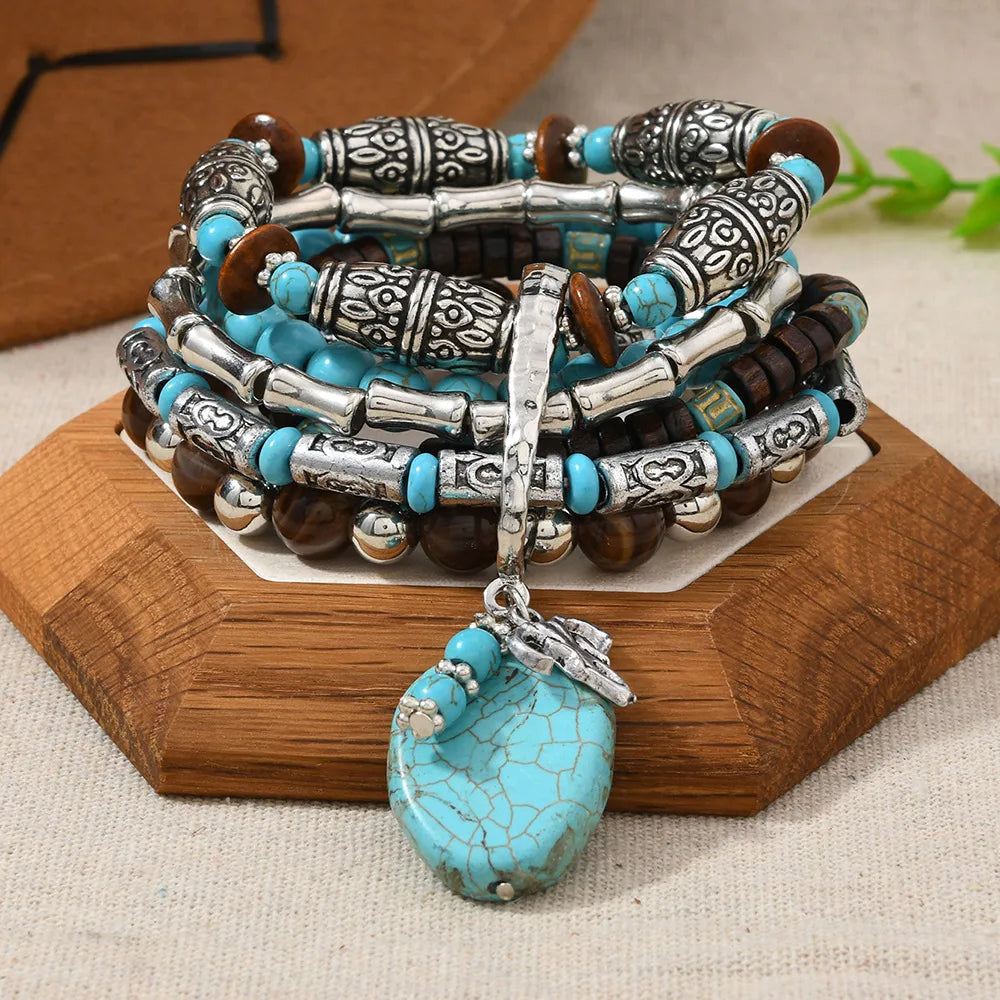 Pulsera Múltiple Turquesa Café Aleación