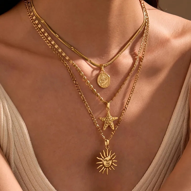 Set Collares Rosa Estrella Sol Acero Inoxidable
