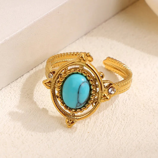 Anillo Abierto Piedra Turquesa Acero Titanio