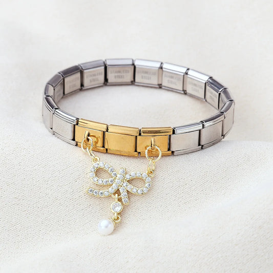 Pulsera Italiana Moño Perla Acero Inoxidable