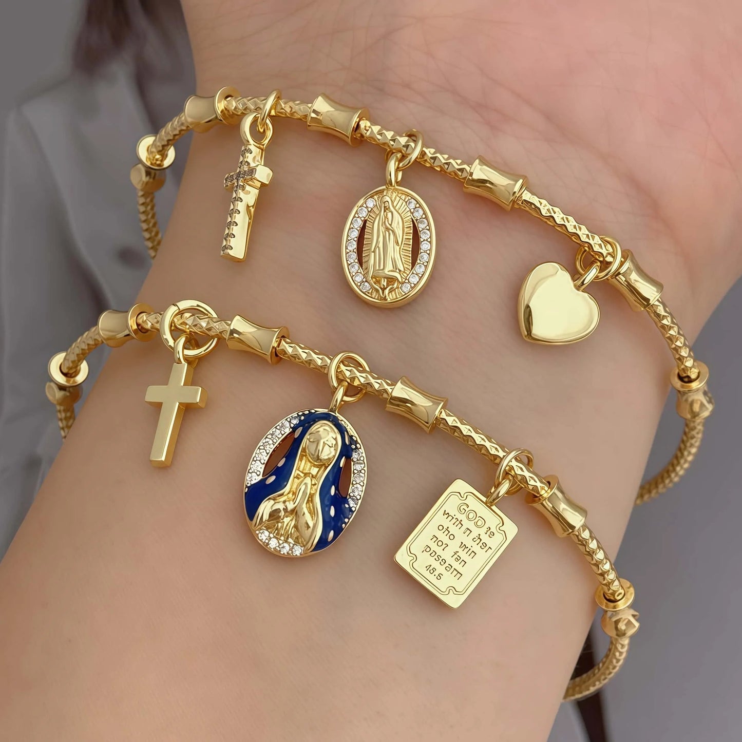 Set Pulseras Virgen Cruz Corazón Cobre
