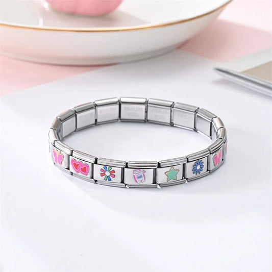 Pulsera Italiana Corazón Mariposa Acero Inoxidable