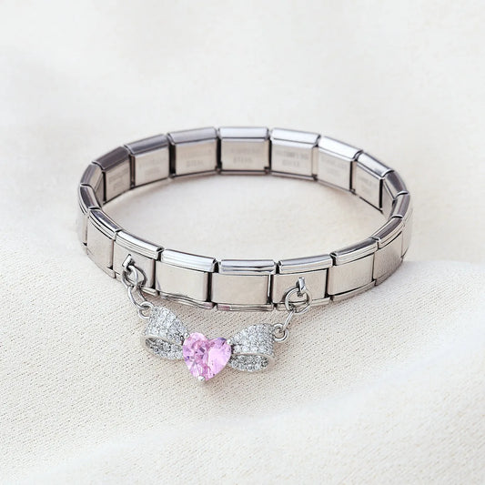Pulsera Italiana Moño Corazón Rosa Acero Inoxidable