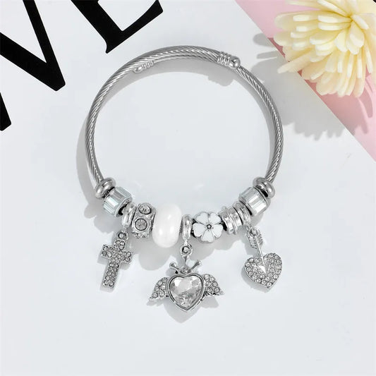 Pulsera Corazón Alas Cruz Acero Inoxidable