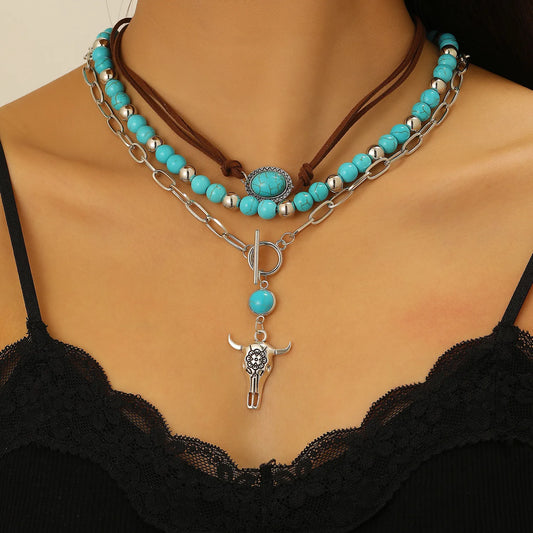 Set Collares Turquesa Café Aleación Cuerda