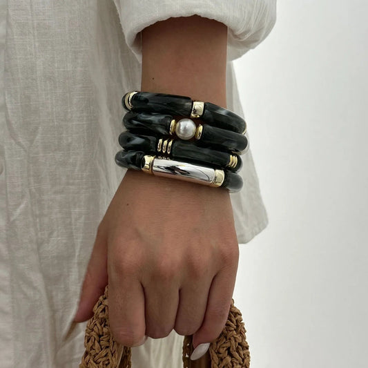 Conjunto Pulseras Tubulares Elásticas Acrílico Negro