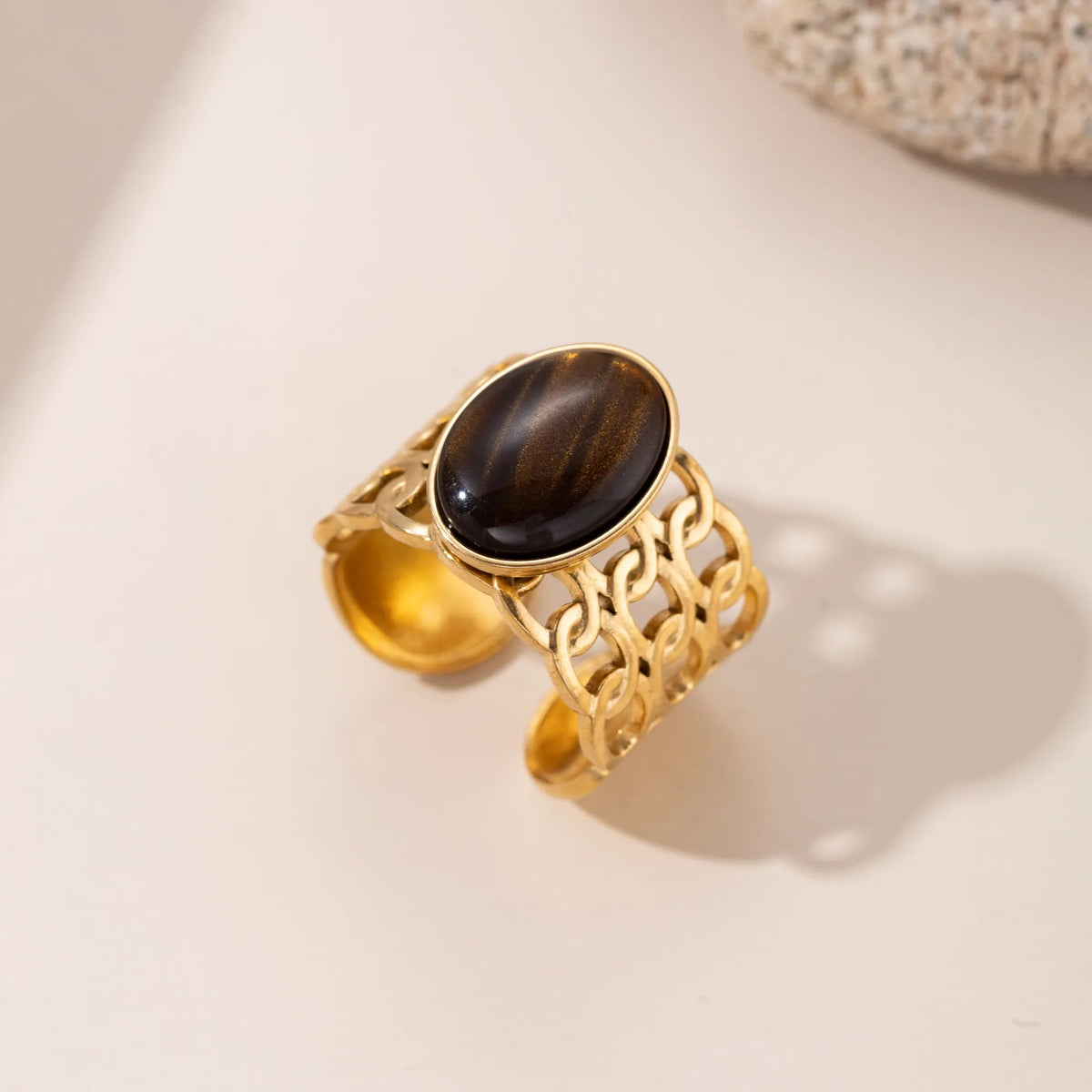 Anillo Abierto Dorado Café Acero Inoxidable
