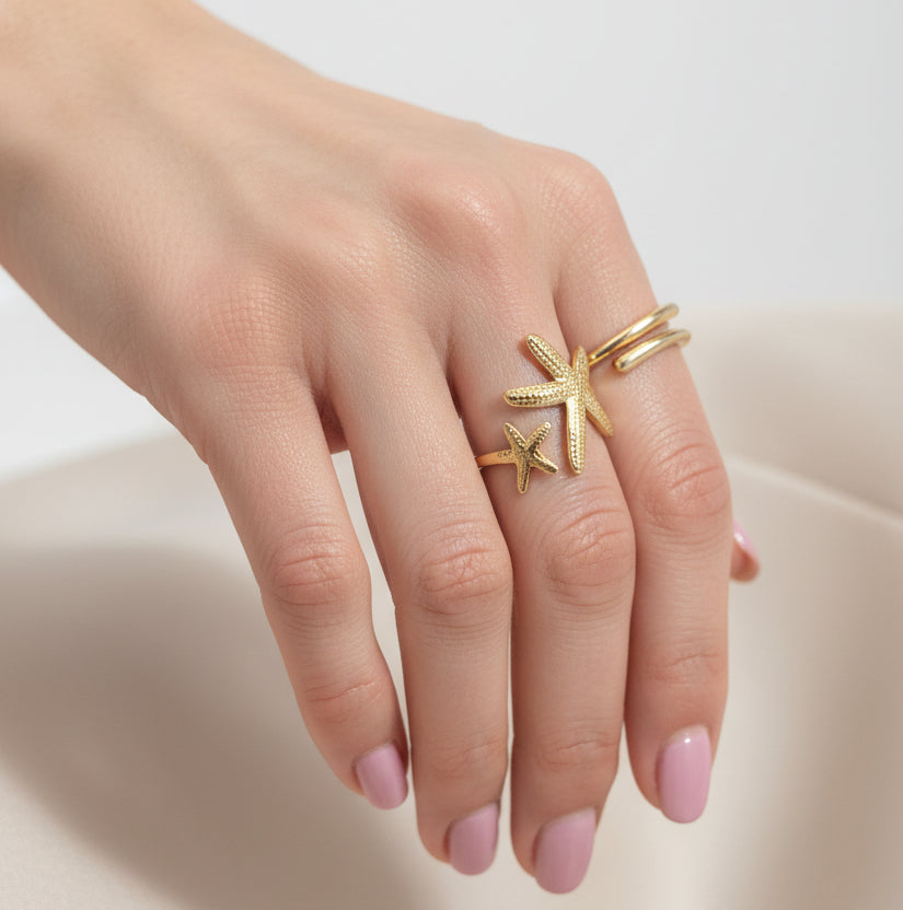 Anillo Estrellas Mar Dorado Acero Inoxidable