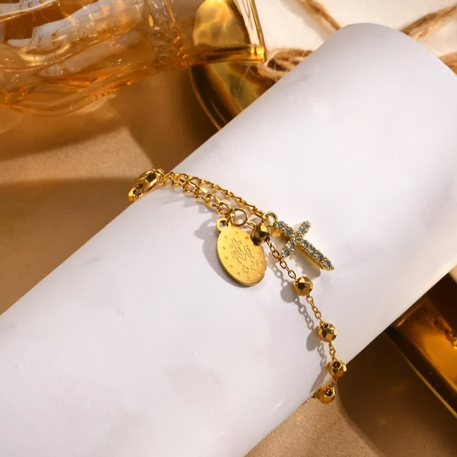 Pulsera Cruz Virgen María Acero Inoxidable