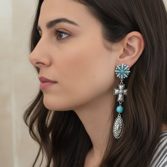 Aretes Cruza Flor Turquesa Aleación