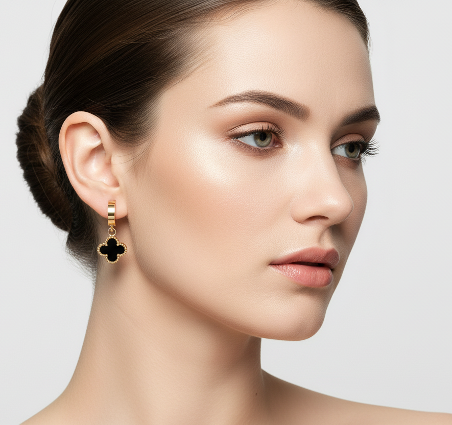 Aretes Trébol Negro Acero Inoxidable