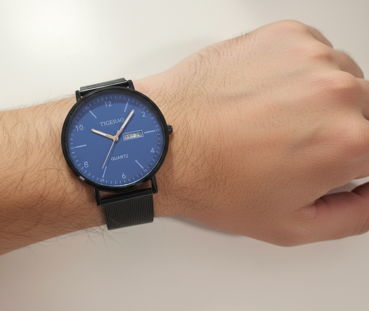 Reloj Redondo Negro Azul Cuarzo