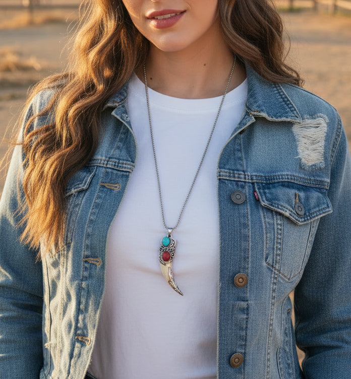Collar Cuerno Turquesa Acero Inoxidable