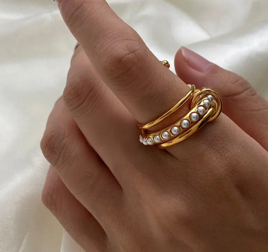 Anillo Triple Perlas Acero Inoxidable
