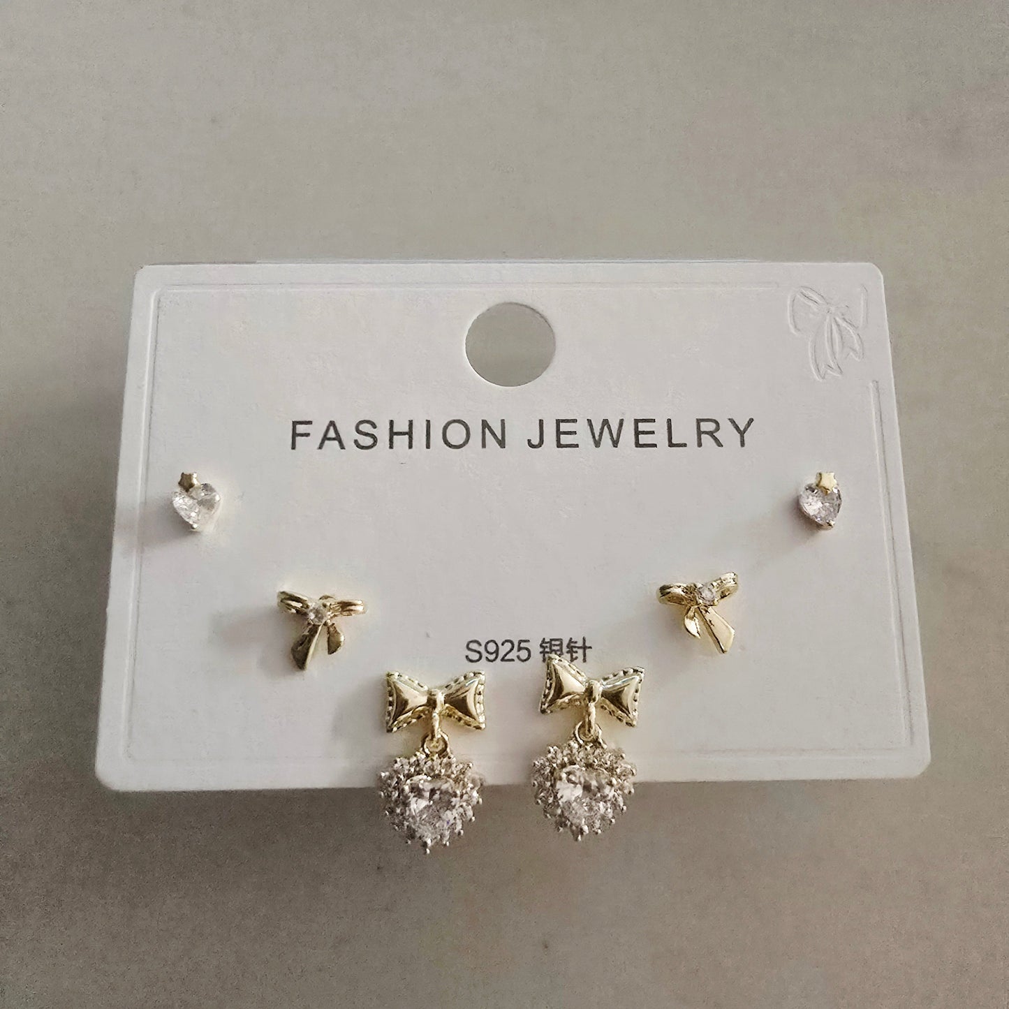 Set Aretes Moño Corazón Plata De Ley