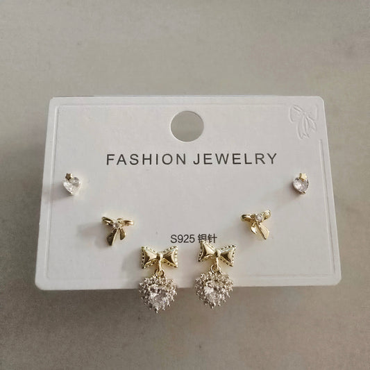 Set Aretes Moño Corazón Plata De Ley
