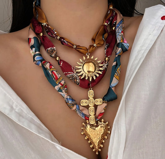 Collar Corazón Sol Cruz Tela Acero Inoxidable